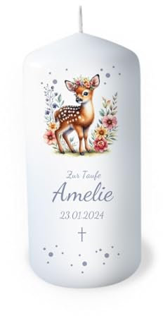 Candela battesimo personalizzata con nome come decorazione da tavolo, decorazione da tavolo, battesimo come regalo personalizzabile. Amorevole candela animali cervi cervi cervi calci foresta durata: