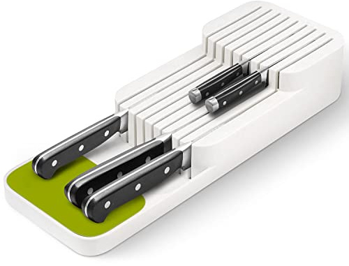 Knife Organiser, Kitchen Knife in-Drawer Organizer for 9 Knives, Compact Durable Safety Space-Saving, Washable Drawer Knife Holder Block Organiser for Knife Set Storage, White