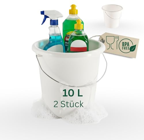 Novaliv 2 Stück Eimer 10L Weiß mit Maßeinteilung - Putzeimer 10 Liter ? 28,5 cm Praktischer Allrounder mit Skala für Haushalt & Garten ideal als Haushaltseimer, Wassereimer, Wischeimer, Bucket