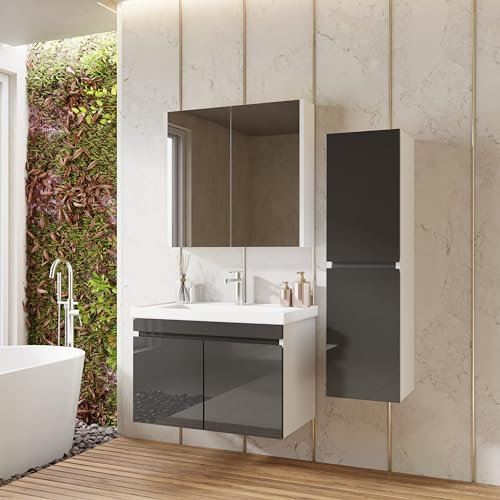 KAREN banyo Badmöbel Set Venus 80 Anthrazit | Keramikwaschbecken | Unterschrank | Spiegelschrank | Softclose-Türen & unsichtbare Griffe | Futuristischer Stil | Badezimmermöbel Waschtischunterschrank