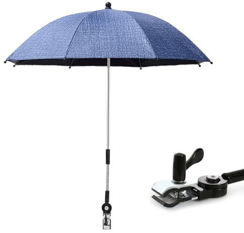 Sonnenschirm für Kinderwagen & Buggy, UV Schutz 50+ / 75cm Durchmesser, Universal Sonnenschutz Regenschirm mit Metall Klemme Halterung für Rund- und Ovalrohre, Verstellbar Babywagen Schirm (Blau)