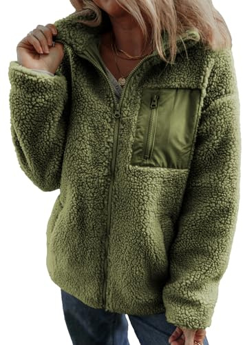 Dokotoo Womens Fleece Shacket Jackets Winter Clothing for Women Cute Warm Fall Winter Coats Loose Stand Neck Full Zipper Up Teddy Sherpa Jacket Coats Solid Comfy Soft Outerwear with Pockets L Green