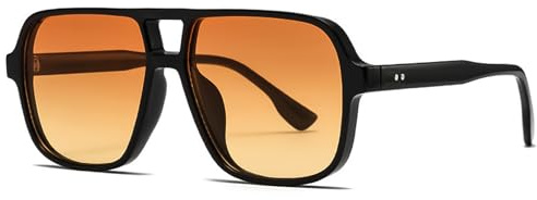 LOJUDI Retro 70s Sunglasses Womens Mens - Pilot Square Tinted Lens Oversized Vintage Ladies Sun Glasses Trendy Shades for UV400 Protection-Black/Orange Yellow Lens