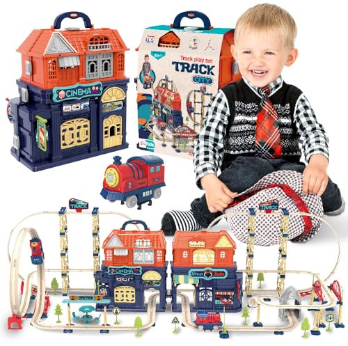 sun baby Circuito con Locomotora eléctrica para niños Desde 3 años - Juguete con un Bucle, viaducto, Puente, señales de tráfico, Edificio de la estación de ferrocarril, Cine y Tienda