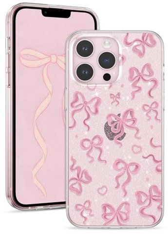 ZTOFERA Case for iPhone 16 Pro Max, Glitter Clear Case with Cute Bowknot Pattern, Girls Women Bling Sparkle Transparent Soft Flexible TPU Shockproof Protective Phone Case, Large Pink Bow