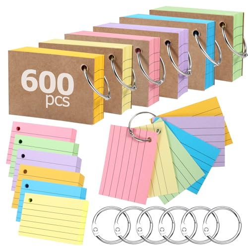Siumir 600 Stücke Karteikarten, Doppelseitiger Druck, A8 Lernkarten, mit Krafteinband und Loseblattring, Sechsfarbige Linierte Karteikarte, geeignet für Büros & Wohnungen & Schulen (7.4 x 5.2 cm)