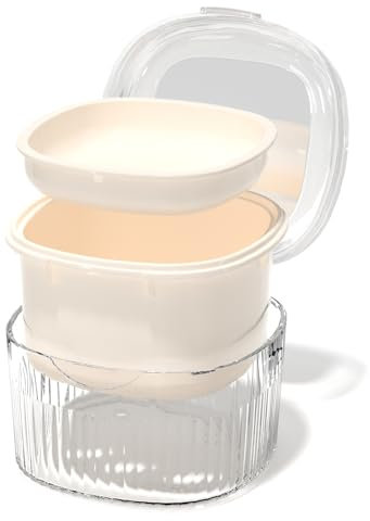 Caja de limpieza para dentaduras postizas, caja de remojo para almacenar y limpiar dentaduras postizas, caja de ducha de ortodoncia con cepillo de espejo (blanco)