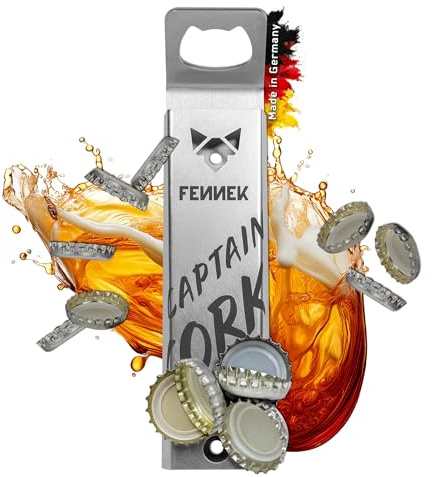 FENNEK Captain Cork | Wand-Flaschenöffner | Integrierter, superstarker Magnet für bis zu 40 Kronkorken | Einfache Befestigung mit Klebeband oder Schrauben | aus Edelstahl | Made in Germany
