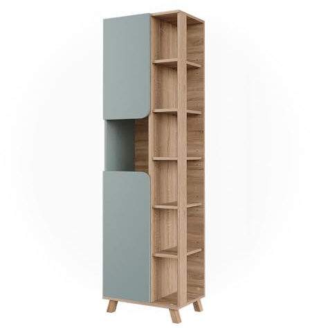Vicco Badschrank Karen, Sonoma/Blau, 50 x 175 cm | mit 2 Türen, zur Aufbewahrung von Badutensilien und Handtüchern