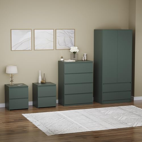 Vida Designs Denver Bedroom Furniture Set (Jasper Green, 4pc-4 DWR Chest+2 Dr Wardrobe+2 x 2 DWR Nightstand)