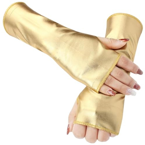 CALFOVERA Dehnbare Goldene PU Leder Halbhand Armstulpen Glänzende Metallische Fingerlose Handschuhe Kurze Rock Bühnenhandschuhe Gothic Punk Anzieh Armwärmer Für Frauen Und Mädchen Halloween Cosplay