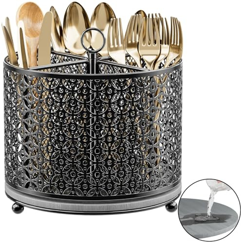 OVICAR 360° drehbarer Utensilienhalter – schnell trocknender Besteck-Organizer – großer Besteckhalter mit 4 Fächern und Griff, für Küche, Arbeitsplatte, Party, Büro, Picknicktisch, Schwarz