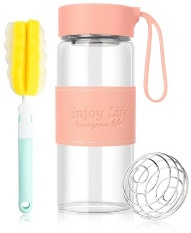 WnlahuWA 1 vaso agitador de cristal de 480 ml, de acero inoxidable 304, sin olor, sin BPA, con bola agitadora de 16 onzas y limpiador (rosa)