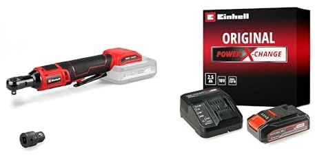 Einhell Visseuse à cliquet sans fil TE-RW 18/60 Li-Solo Power X-Change (18 V, 60 Nm, porte-outil 3/8, rotation droite/gauche, lumière LED, adaptateur 1/2 » inclus) avec Chargeur et Batterie 2,5Ah