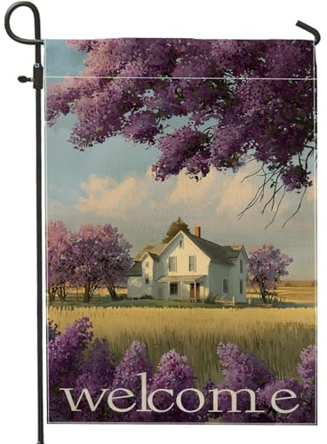Drapeau de jardin de bienvenue printemps été, lilas violets, ferme, décoration d'intérieur, bannière de cour, décoration de pelouse extérieure de vacances 30,5 x 45,7 cm