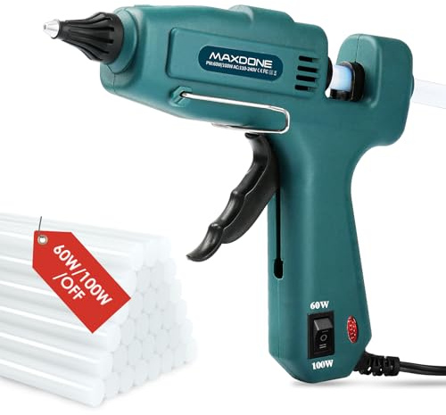 MAXDONE Pistola Silicona Caliente 60W &100W & Apagar con un solo clic, Grande Pistola de Silicona Caliente con 12 Barras 11mm de Pegamento, Para Bricolaje Artesanía, Reparaciones Industriales