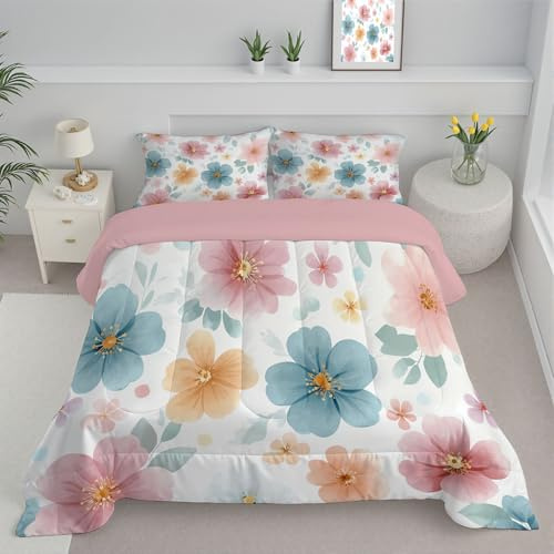 Edredón Nórdico Flores Lindas – Relleno Nórdico 4 Estaciones Acuarelas Florales – Ultra Suave – Colcha AlternativoCama 150 Edredón Acolchado 220x240cm Rosa Claro