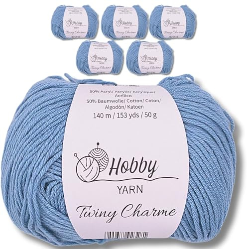 Hobby YARN - Twiny Charme Set – Cotton Wolle 50g je Garn, Baumwolle, Acryl, weich, Häkelgarn, Uni, Häkeln, Amigurumi, Strickwolle, Stickgarn (317 - Vintage Denim, 6er Set)
