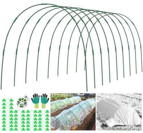 Dynozim 45 Pcs Garden Hoops for Raised Beds, 9 Sets Rust-Free Fibreglass Greenhouse Hoops Tunnel Arches with Clips Twist Tie Gloves for Row Cover Bird Insect Netting Frost Fleece