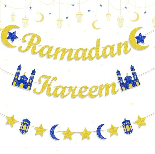 CHarmeFleur Ramadan Kareem Banner Mit Mond Stern Laterne Vor Aufgezogene Ramadan Mubarak Hängedekoration Für Islamisches Ramadan Eid Fest Gold