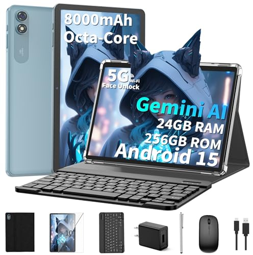 10 inch Android 15 Tablet, 2026 Tablet with Keyboard, 24GB+256GB+2TB Expand, Tablets PC with Gemini AI, 8000mAh Battery, 5G WiFi, Widevine L1, 2 in 1 Tablets with Case, Mouse, Stylus (Black Case)