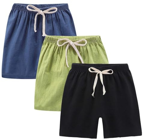 3 Pack Kids Cotton Linen Shorts for Boys Drawstring Elastic Waist Short Trousers Toddler Summer Beach Casual Lightweight Shorts Straight Wide Leg Joggers Solid Athletic Pants