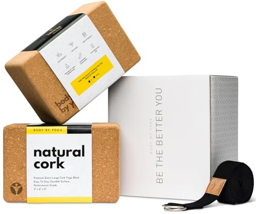 Cork Yoga Blocks 2 Pack – High Density Non Slip with Select Cork Grain for Chip-Resistant Durability | Extra Thick 4” for Support & Stability | Natural, Smooth, and Crumble Free | Body By Yoga (Classic, With Strap)