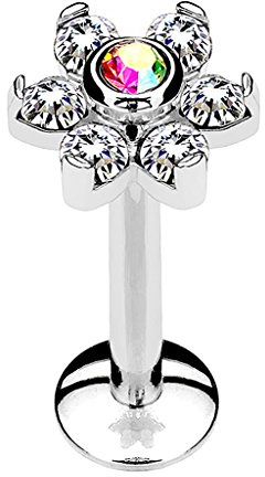 Piersando Piercing Stab Stecker Edelstahl Blume mit Kristallen für Lippe Labret Ohr Tragus Helix Nase Intim