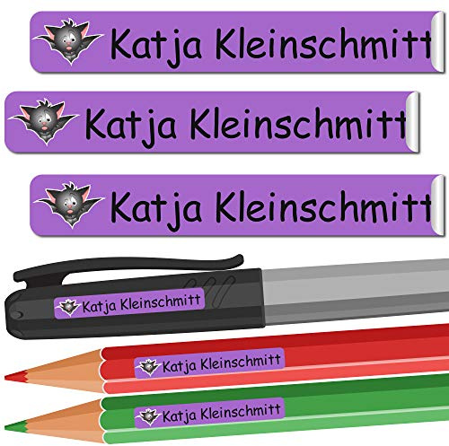 INDIGOS UG - Namensaufkleber Kinder Schule - 49x7 mm - personalisierbar - 116 - Fledermaus - 88 Sticker - Namensschilder personalisiert - Aufkleber selbst gestalten - Stifte, KITA, Federmappe