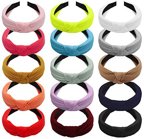 Belle Vous Haarreifen Breit mit Knoten (15 Stk) – Haarband Stirnband Einfarbig im Turban Stil Elastisch – Haarreif Kopfband Haaraccessoires Haarschmuck mit Knoten für Damen & Mädchen – 15 Farben