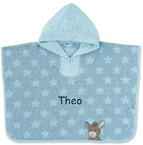 LALALO Sterntaler Bade Poncho mit Namen bestickt für Baby & Kinder, EMMI Badetuch, Badeponcho, Kapuzenbadetuch, Handtuch mit Ärmeln und Kapuze, 100% Baumwolle Esel Blau Junge