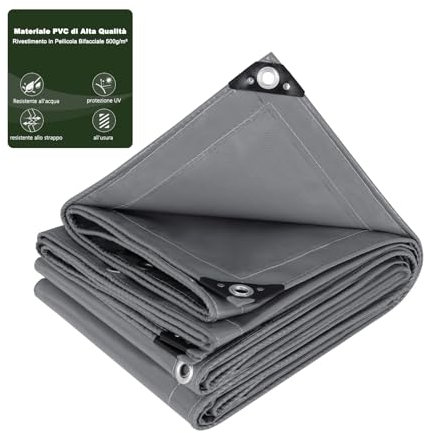 Laneetal Telo Idrorepellente Esterno 3x4m, Telone Occhiellato Idrorepellente Rinforzato PVC 500 g/m², Telo Protettivo Multiuso per Barche, Legno, Piscina, Mobili da giardino, Auto，Grigio Scuro