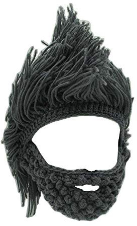 Yekeyi, Cappello invernale caldo a forma di elmo di vichingo con corna e barba, lavorato a maglia, in lana, divertente, Taglia unica