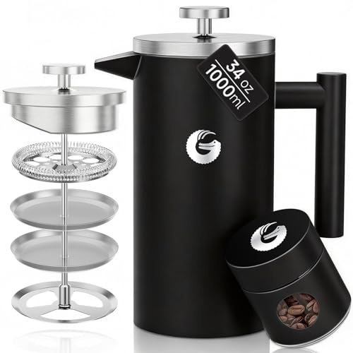 Coffee Gator Cafetera Prensa francesa con mini jarra, cafetera de doble pared aislada con filtro de acero inoxidable, juego de té para preparar té frío y caliente, 1 litro (4-8 tazas)