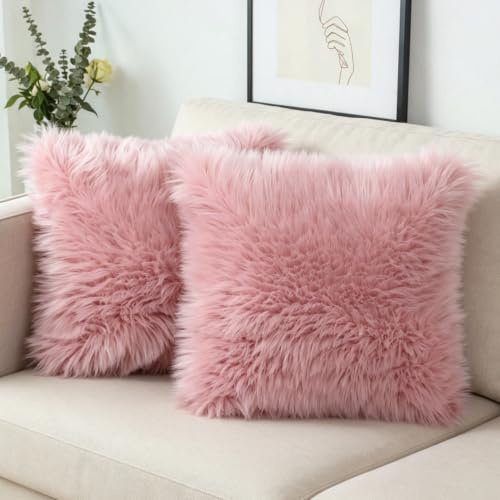 OYIMUA 2 Pcs Weicher Zierkissenbezüge Deko Kissen Schaffell Lammfell Kunstfell Langhaar Zierkissen Kissenbezug Fellimitat Sofakissen Cuddly Kissen (Altrosa, 40 x 40 cm)