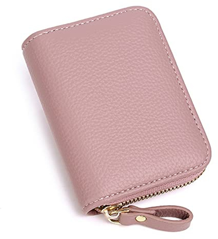 Womens Credit Card Holder, Small RFID Blocking Ladies Wallet with Stainless Steel Zipper Leather Accordion Pink Wallets Case for Women ID Compact Slim Blocked Zip Accordian Cards Coffee (PINK) A3PBKB