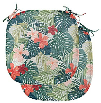 ABAKUHAUS Blatt Polster für Esszimmerstühle, Natur Crepe Ginger Blume, Dekoratives wasserfestes Kissen mit Riemen für Küchensitze, 40 cm x 40 cm-2er Pack, Dunkelgrün Grün