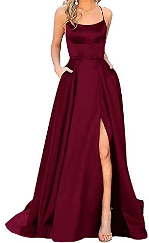 Onsoyours Ballkleider Off Shoulder Kleider Damen Lang Elegant Hochzeit A-Linie Criss-Cross Satin Spaghetti Party Prom Maxi Dress Abendkleider Schlitz Brautkleid Festkleider mit Taschen