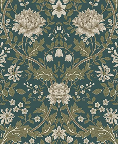 NextWall Honeysuckle Trail Floral Peel and Stick Wallpaper (Teal & Moss Green)