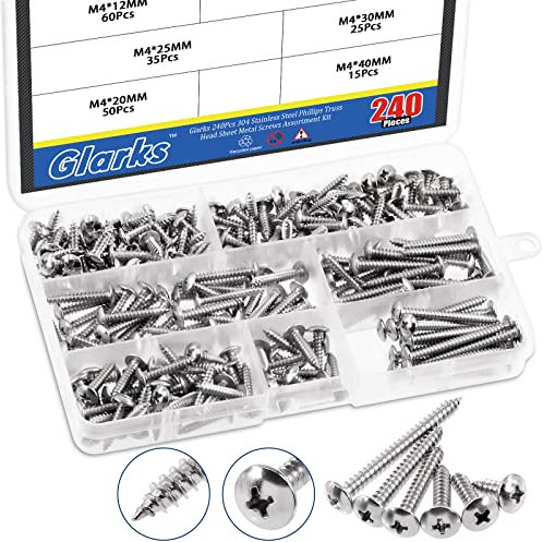 Glarks 240 piezas M4 x 12 mm/16 mm/20 mm/25 mm/30 mm/40 mm Phillips Truss Head Sheet Metal Tek Tornillos Surtido Kit de 6 tornillos de madera autoroscantes de cabeza plana métrica
