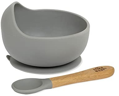 Interbaby und Löffel aus grauem Silikon.
