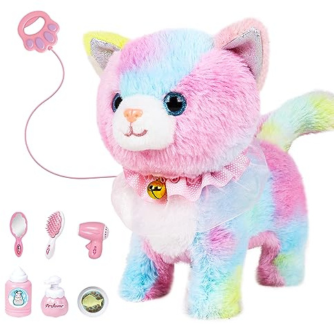 Interactive Electronic Plush Toy Walking and Barking Robot Cat Plush Cat Remote Control Kitten for Girls (Colorful Cat)