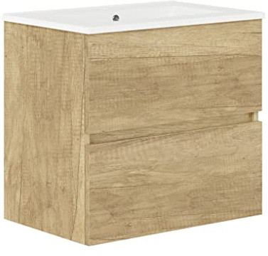 Baikal, Conjunto de baño Natura. Mueble de Baño de Fondo Reducido, con Lavabo cerámico. Distribución Dos Cajones. Mueble MONTADO. Dos Cajones sin Espejo. Fondo 39cm 70 cm Nature