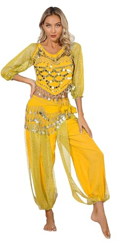 iiniim Damen Bauchtanz Kostüm Langarm Tops + Haremhose Orientalische Indische Bauchtänzerin Tanzkleidung Halloween Fasching Karneval Party Outfits Gelb Einheitsgröße
