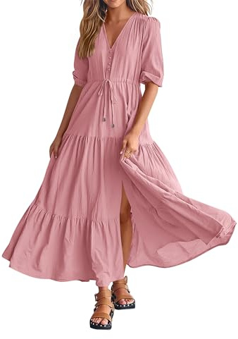 BTFBM Women Beach Dresses for Vacation Casual Short Sleeve V Neck Maxi Dresses Relaxed Fit Party Dresses(Solid Pink,Large)