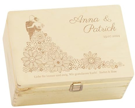 LAUBLUST Holzkiste zur Hochzeit - Personalisierte Hochzeitskiste Erinnerung - Blumenkleid | Geschenkkiste Personalisiert mit Gravur - FSC® (Natur mit Verschluss, ca. 20 x 15 x 10 cm | S)
