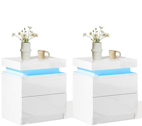 CLIPOP Nachttisch 2er Set Hochglanz, LED, Farben einstellbar, 35×45×52 cm | Weiß, mit Schubladen & Staufach, Beistelltisch, Sofatisch, für Wohnzimmer & Schlafzimmer, modernes Design, vielseitig