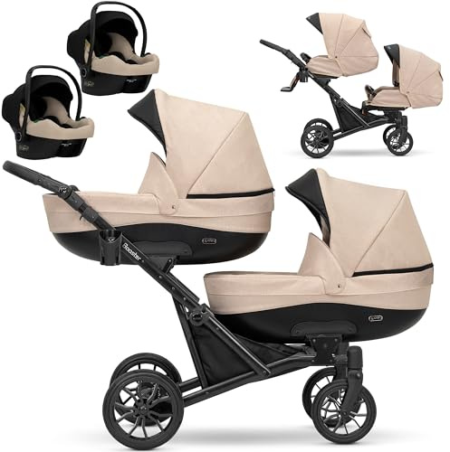KUNERT BOOSTER 3in1 2in1 Kinderwagen Komplettset Zwillingskinderwagen Babywagen Kombikinderwagen Komplettset Geschwisterwagen Kinder Wagen set Zwillingsbuggy Doppelkinderwagen (Creme, 3 in 1 Cosmo)