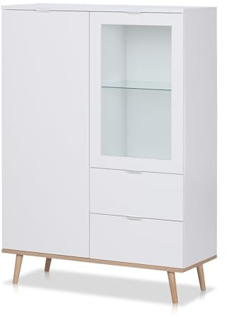 KHG Highboard 2-türig mit Einlegeboden Scandi, Vitrine aus Holzwerkstoff | Vitrine aus Holzwerkstoff weiß foliert für Wohnzimmer und Esszimmer, 140x100x40 cm (B/H/T), Tür, praktisch im Alltag