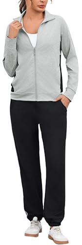 Uniexcosm Women's Tracksuit Set Zip Jacket and Jogger Trousers | Two piece long sleeve tracksuit with zip jacket contrast panels pockets and drawstring joggers for leisure gym and travel